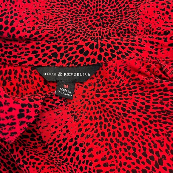 Rock & Republic Animal Print Shirt Dress Women M Medium Red Rolled Sleeves *READ - Picture 5 of 11